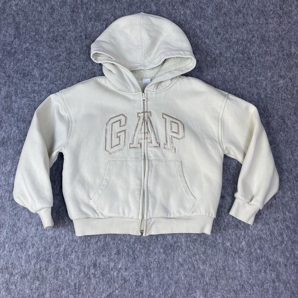 Gap Kids Girl's Hoodie Sweatshirt Fur Lined Zip Up Ivory Spellout Logo Sz L (10)
